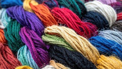 Vibrant colorful yarn collection craft studio close-up image textured environment artistic perspective textile concept