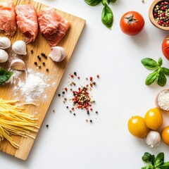 Overhead shot of fresh ingredients for Italian cooking featuring meat pasta vegetables and spices on white background
