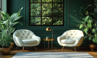 Luxurious,  green-toned interior room with comfortable seating.