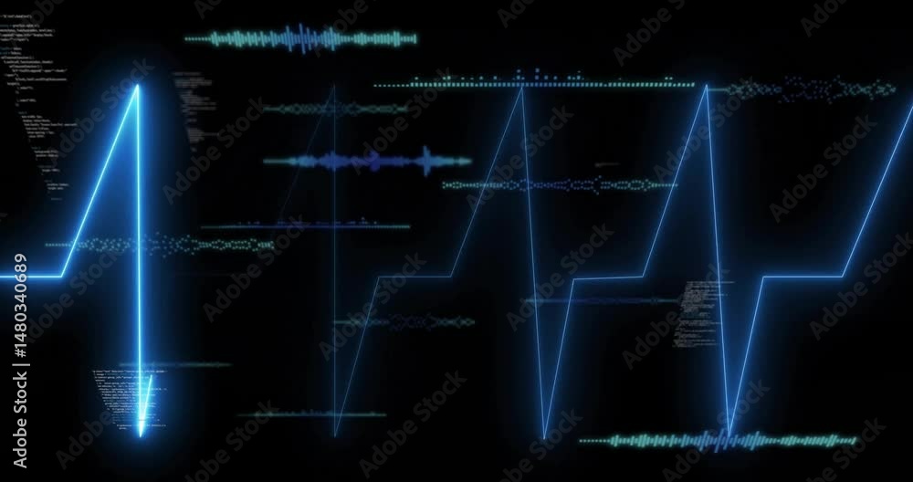 Poster jagged neon blue waveform moving across interface, showing floating code fragments and signals