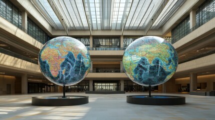 Two Colorful Globes in Modern Architectural Space