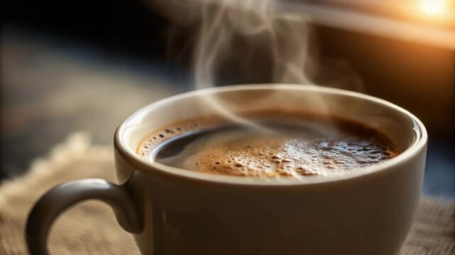 A steaming cup of black coffee in a white mug sits on a rustic surface, with warm sunlight in the background.