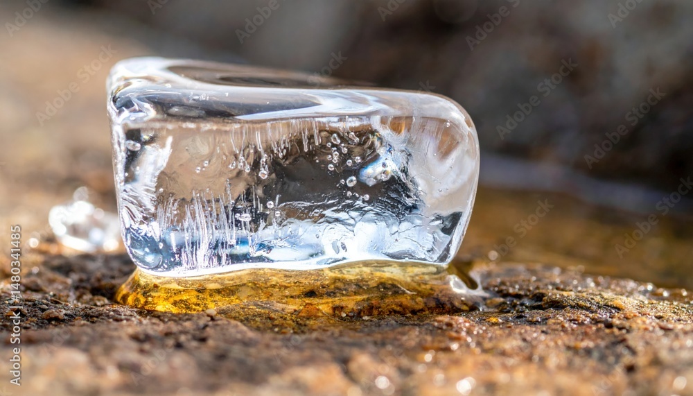 Aufkleber Melting ice cube on rock surface nature setting macro photography vibrant colors close-up view abstract concept