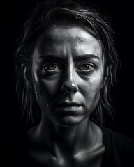 Womans worried face with dark background.