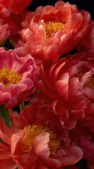 Obraz premium Close-up of Vibrant Red Peonies Blooming in Studio Setting with Dramatic Lighting and Intricate Petal Detail