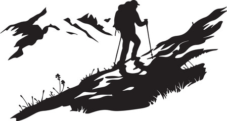 Mountain Trekking Silhouette with Bird in Flight