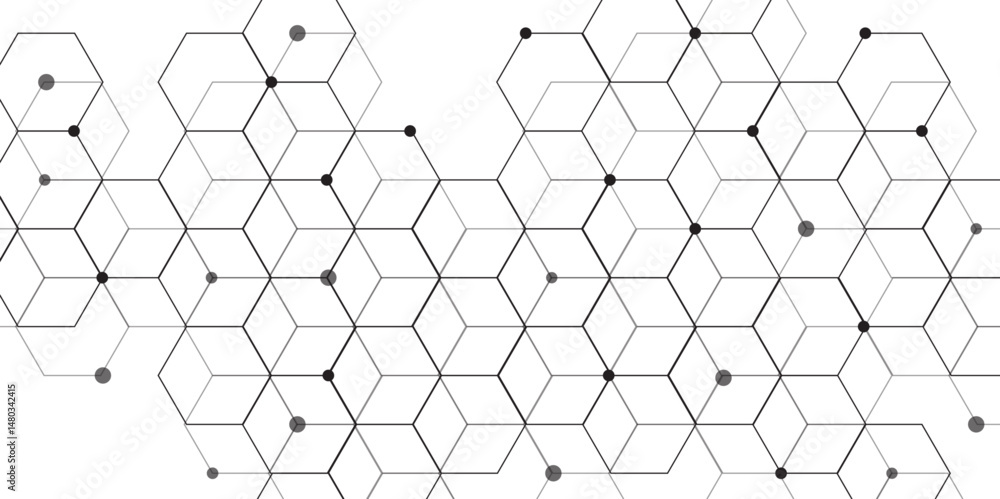 Poster Molecular structure abstract tech background. Geometric white background. Vector banner design with hexagons. Science network pattern, connecting lines and dots Medical background, Vector illustration