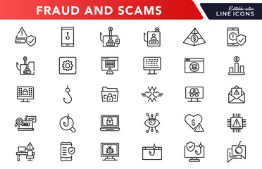 Fraud and scams line icon set. Cyber crime, web, virus, fraud, malware bug, scams, criminal, phone, server, folder, file, phishing, and cyber security outline vector icon. UI thin outline icon pack