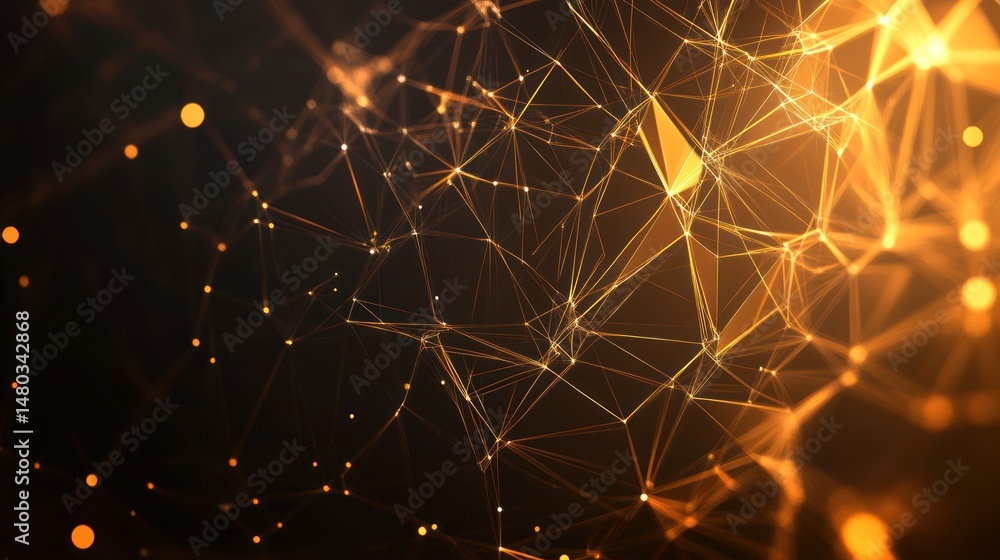 Poster golden network connections and polygonal structure on a dark background
