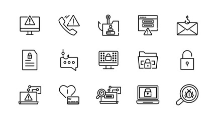 Fraud and scams line icon set. Cyber crime, web, virus, fraud, malware bug, scams, criminal, phone, server, folder, file, phishing, and cyber security outline vector icon. UI thin outline icon pack