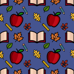 A vibrant vector seamless pattern featuring red apples, open books, autumn leaves, pencils, and rulers on a deep blue background, ideal for back-to-school designs.