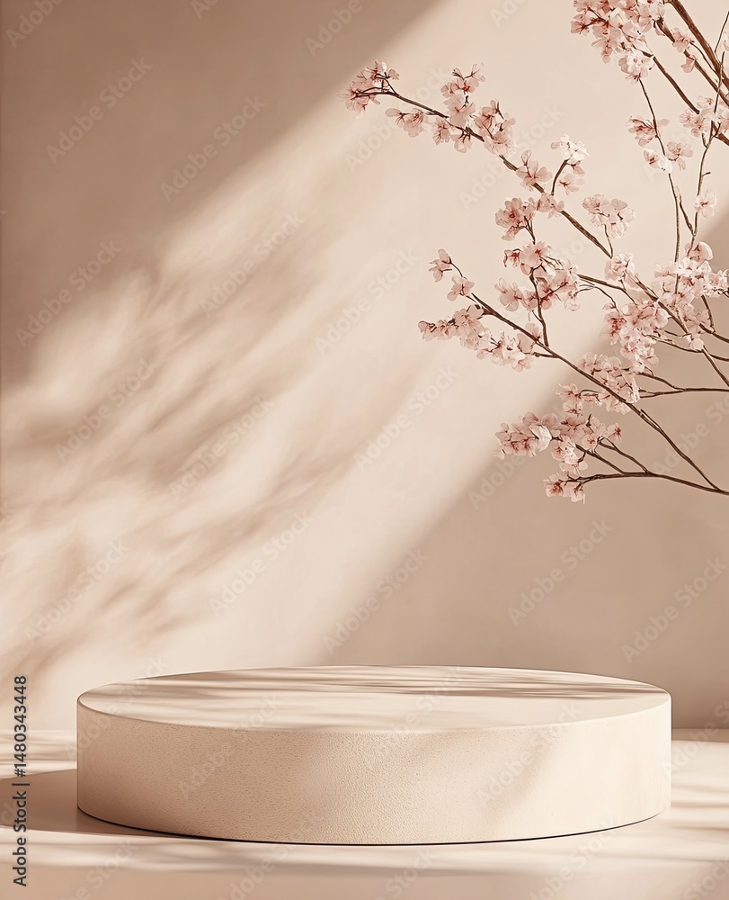 Poster minimalist product display with blooming branch and soft light