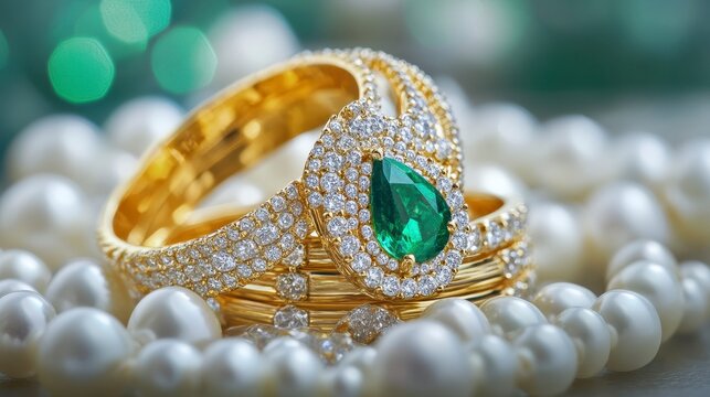 Close-up of elegant gold rings with emerald and diamonds, nestled on pearls.