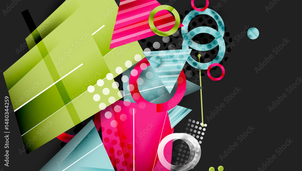 Poster Abstract geometric composition. Vibrant colors, shapes overlap creating dynamic visual effect. Modern design elements present.