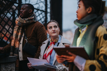 Businesspeople, dressed warmly, engaged in an outdoor professional discussion. Capturing collaboration, teamwork, and interaction within a vibrant and multicultural team setting during cool weather.