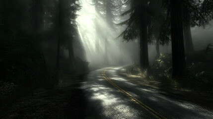 Obraz premium Serene winding road through a misty forest, sunlight filtering through tall trees, creating a tranquil and mystical atmosphere