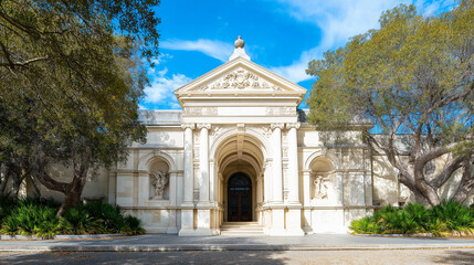 Fototapeta premium Grand mansion entrance with ornate doorway, framed by lush greenery; timeless elegance of luxury estate architecture.