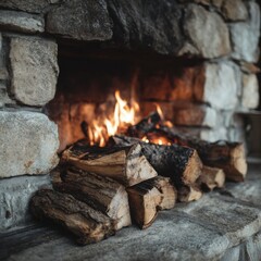 Cozy stone fireplace with burning wood logs close up shot in warm indoor setting for winter holiday season