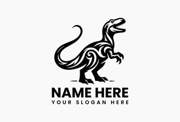 Dynamic black dinosaur silhouette with pointed teeth and swirling motion lines isolated on white. Kids illustration concept