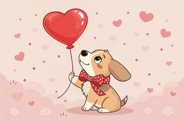 Valentine s Day concept with a cute puppy dog holding a love heart balloon. Generative AI. Valentine s Day concept with a cute puppy dog holding a love heart balloon on a colored background.