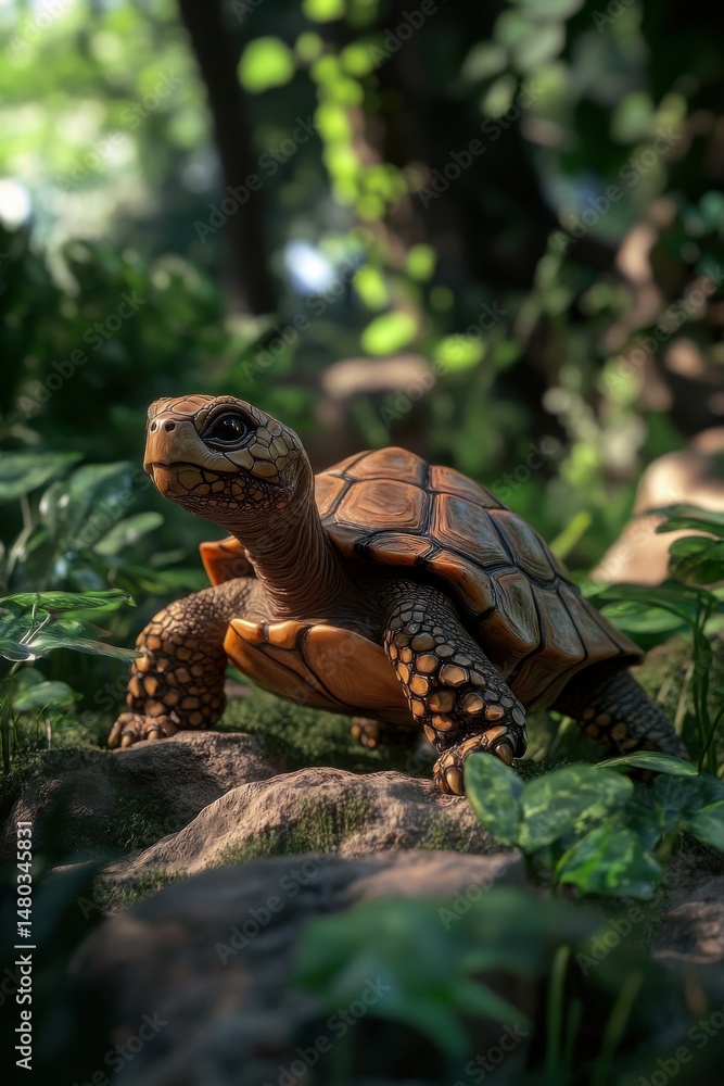 Poster a realistic tortoise exploring a lush green environment, showcasing its intricate shell and vibrant 