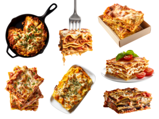 Set of Lasagna Lasagne noodle pasta, with different ingredients style, beef cheese tomato bolognese sauce, Skillet pan, plate, fork, takeaway box, on transparent cutout PNG. Mockup template	
