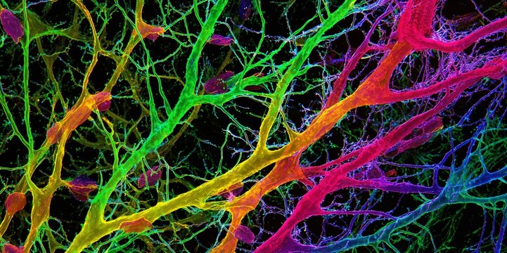 Red neuronal brillante, vibrante y abstracta con colores azul, verde, amarillo, naranja y magenta.