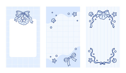 Trendy stories templates for social media. Set of marine vertical frames with coquette pretty charming bows, seashells, pearls, sea stars. Checkered and striped background. Summer beach vibe