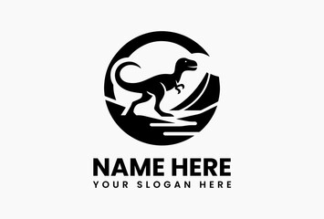 Black cartoon dinosaur silhouette with fierce teeth and energetic curved lines on white background. Childrens design concept