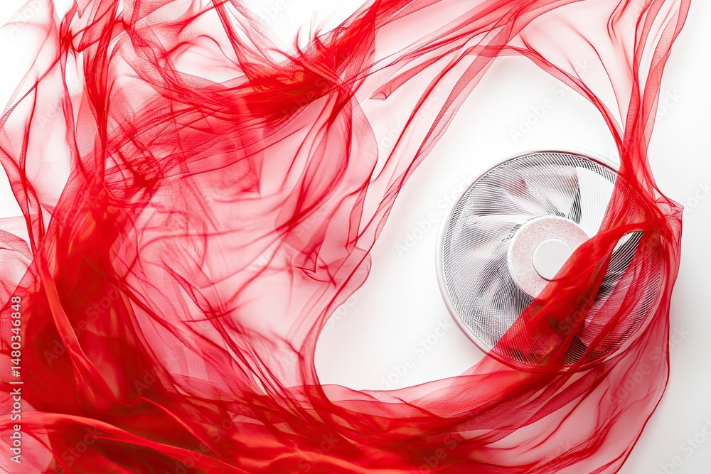 Poster red fabric swirls around a circular object on white