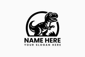 Fototapeta premium Black cartoon dinosaur silhouette with fierce teeth and energetic curved lines on white background. Childrens design concept