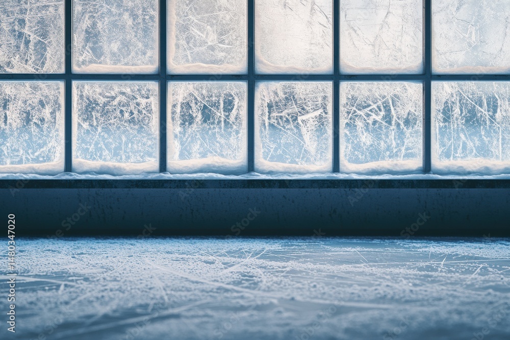 Poster a serene view of frosted windows with snow and ice, creating a tranquil winter atmosphere.