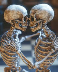 Two skeletons kissing.  A close-up of two intricately detailed,  human skeletons embracing