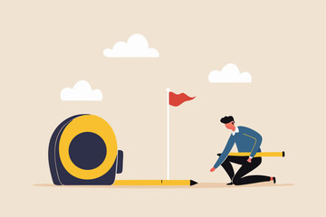 ABusiness success measurement, how far from business goal and achievement or growth metric analysis concept, smart businessman using measuring tape to measure and analyze distance from target flag.