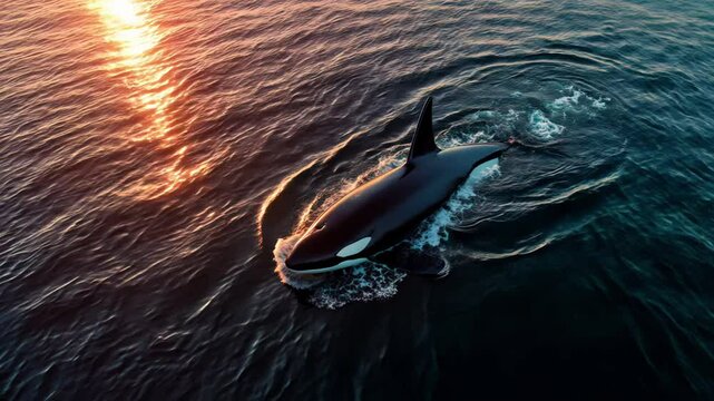 Orca glides across glowing ocean at sunset. Orca breaks the water&rsquo;s surface with silent grace. Orca travels toward horizon under golden sky