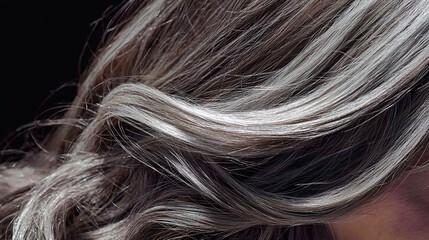 Naklejka premium of gray strands mixed with brown hair under natural light, highlighting texture and contrast in color close-up hair, gray strands, natural hair color, aging texture, color contrast, beauty detail, 