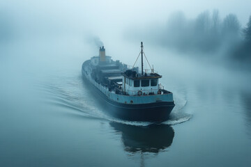 A boat travels through foggy waters.