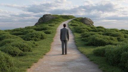 Person Walking on Path Through Green Landscape Toward Horizon