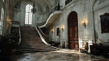 Fototapeta premium Majestic Grand Staircase in a Decaying European Mansion, showcasing Architectural Grandeur and History