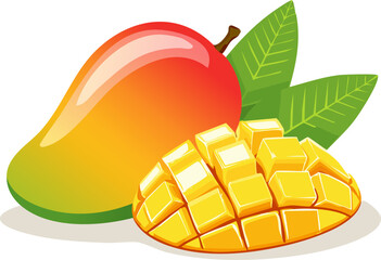 Bright and juicy cartoon mango with a cut half and cube pieces, tropical leaves included, styled in a playful and modern flat design with clean white background.
