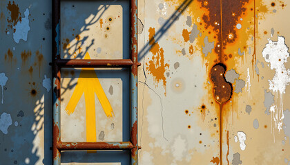Naklejka premium grungy concrete wall with a rusty ladder and arrow symbol