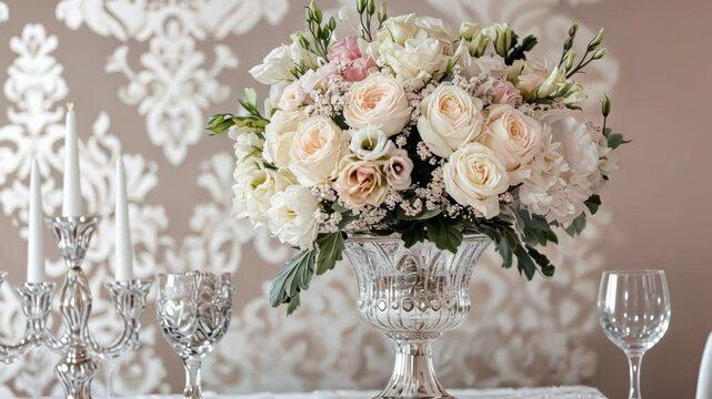 floral arrangement of roses and peonies in crystal vase near candelabra against damask wallpaper