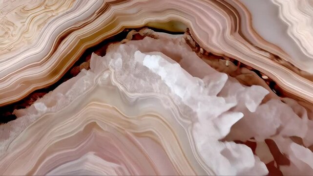 Detailed shot of a white crystal geode nestled in layers of neutral toned agate stone with swirling bands, and textured surface.