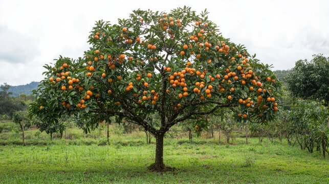 A sapote tree in a tropical orchard with ripe fruits