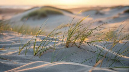 World environment habitat restoration concept. Green beach grasses grow amongst wind-blown sand dunes at sunset, creating a calm, natural seashore scene.
