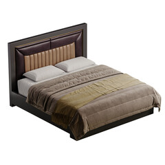 A bed with a brown and tan comforter and a brown and tan headboard