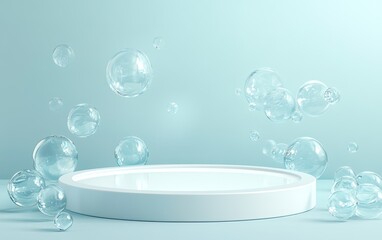 A light blue podium with floating bubbles