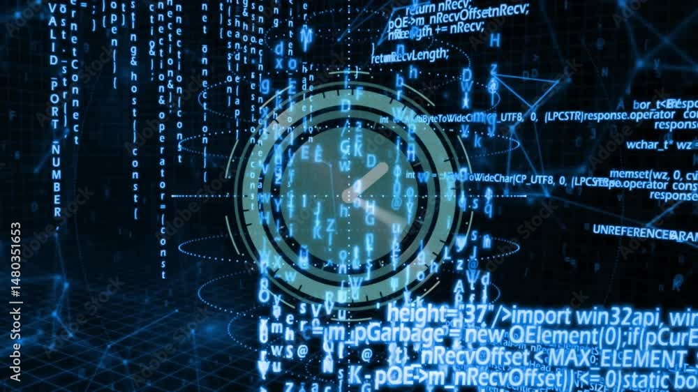 Poster Circular clock floating at center, rings glowing, code snippets cascading over futuristic node grid