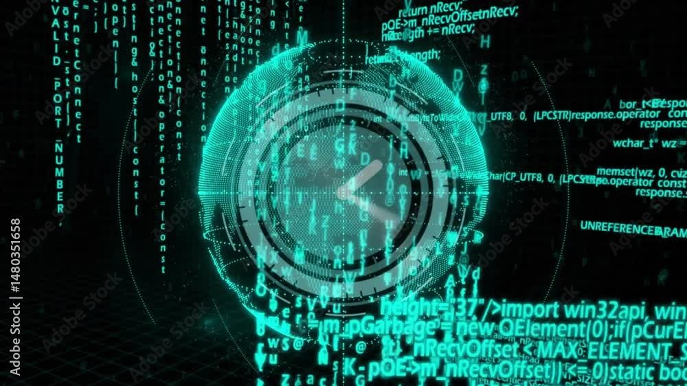 Poster central glowing clock interface circling above spherical grid with neon code streams drifting in 3d