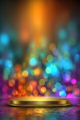Golden Platform on Colorful Bokeh Background Ideal for Product Display or Presentation